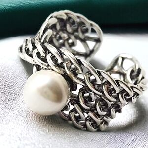 925 Silver Pearl Chunky Chain Ring